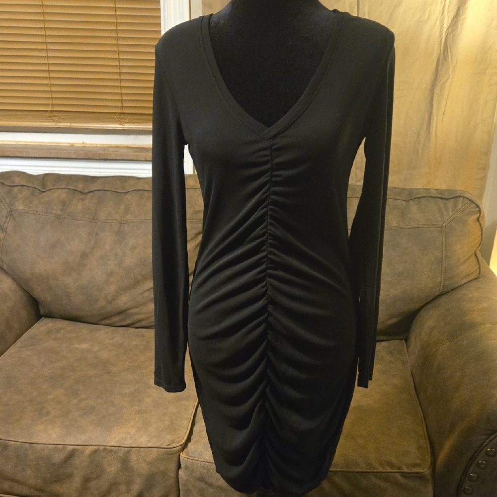 Chic Black Ruched Long Sleeve Dress